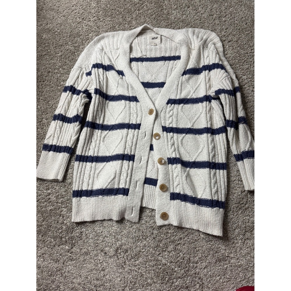 Aerie Womens Medium Cable Knit Striped Button Front Cardigan Sweater Cream Navy